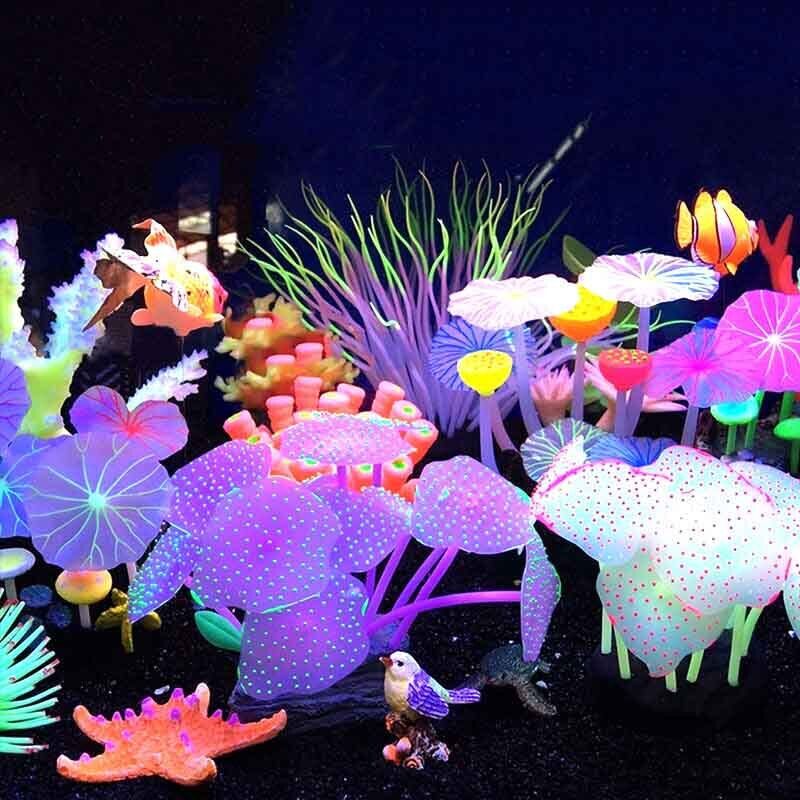 Aquarium Plants Live - シリコン製光る景観人工魚タンク水槽蛍光サンゴひまわり海葵植物水中水槽装飾