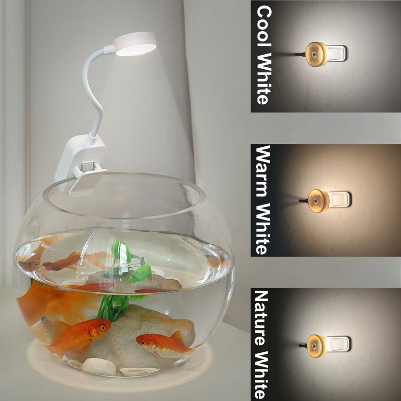 Aquarium Plant Light - LED水槽ライト クリップ式 魚タンクライト 360 ° 小型水槽用3色小型ナイトライト付き回転照明